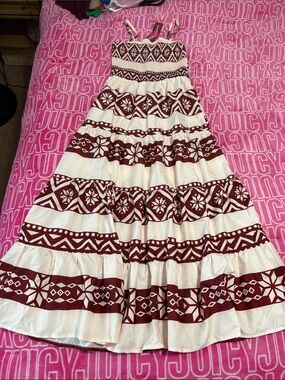 Smocked Strap Maxi Dress in Cream and Maroon